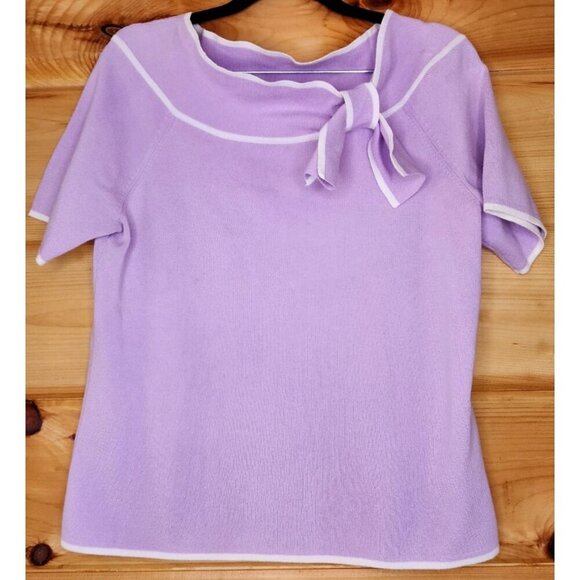 Designer Originals Purple White Trim Short Sleeve Knit Top Sweater Bow Large - Picture 10 of 16
